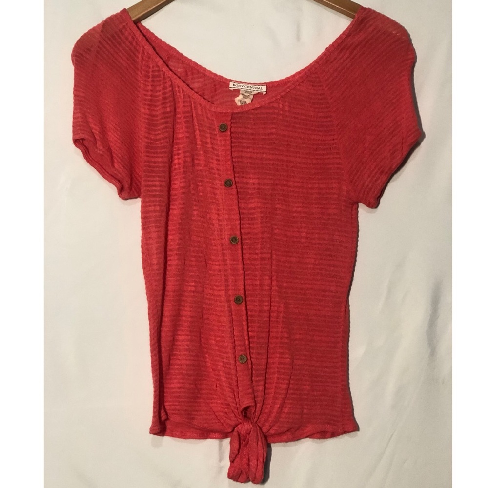 Sheer Front Tie Top - Coral